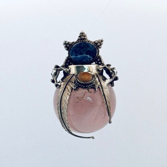 Vintage 925 Sterling Silver Rose Quartz Sodalite Amber Scarab Pendant Peru - Picture 1 of 9